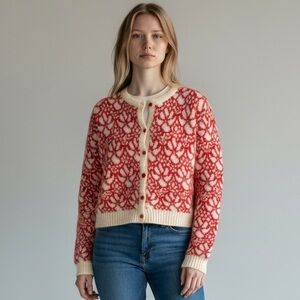 Vintage Hand-Knit Wool Nordic Cardigan – Red & Cream Floral Pattern